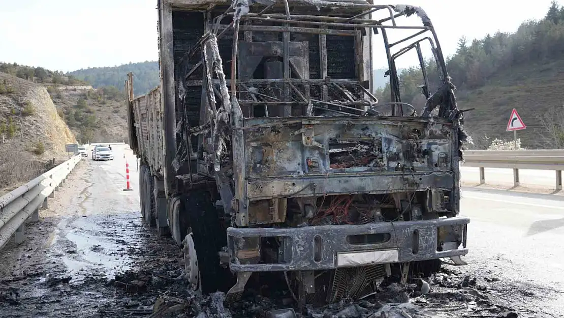 Alevlere teslim olan kamyondan geriye demir yığını kaldı