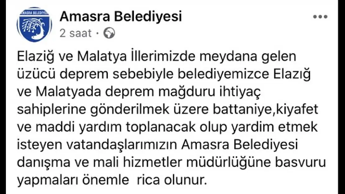 AMASRA BELEDİYESİNDEN DEPREM BÖLGESİNE YARDIM KAMPANYASI 