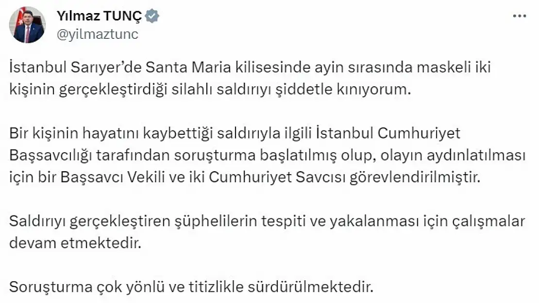 Bakan Tunç: 'Olayın aydınlatılması için bir başsavcı vekili ve iki cumhuriyet savcısı görevlendirilmiştir