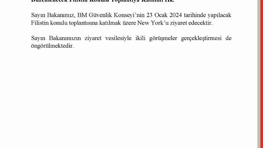 Dışişleri Bakanı Fidan, New York'ta BMGK Toplantısına katılacak