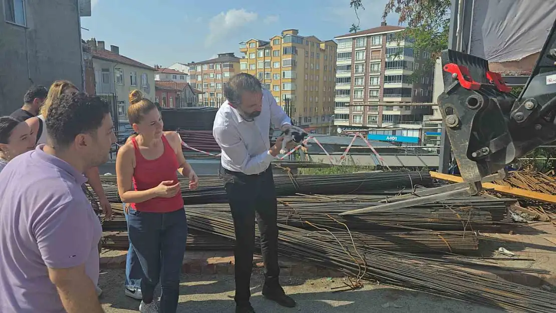 İnşaat demirlerinin altına sıkışan kediyi kurtarmak için zamanla yarıştılar