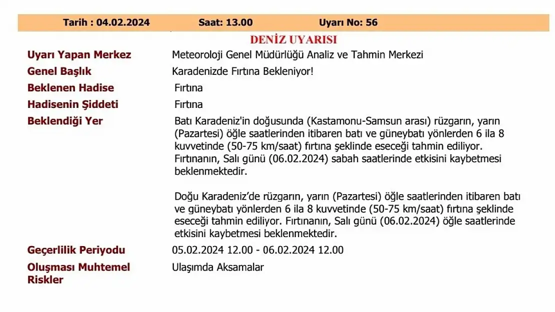 Karadeniz'de fırtına uyarısı