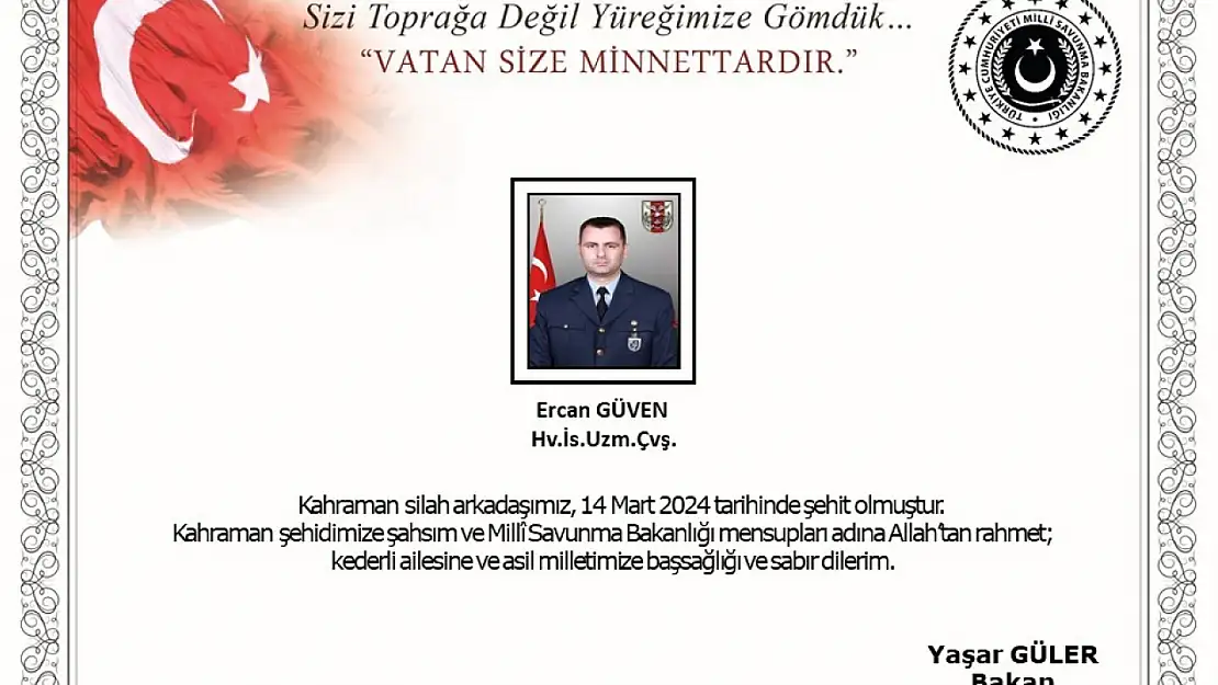 MSB'den Şehit Ercan Güven için başsağlığı mesajı