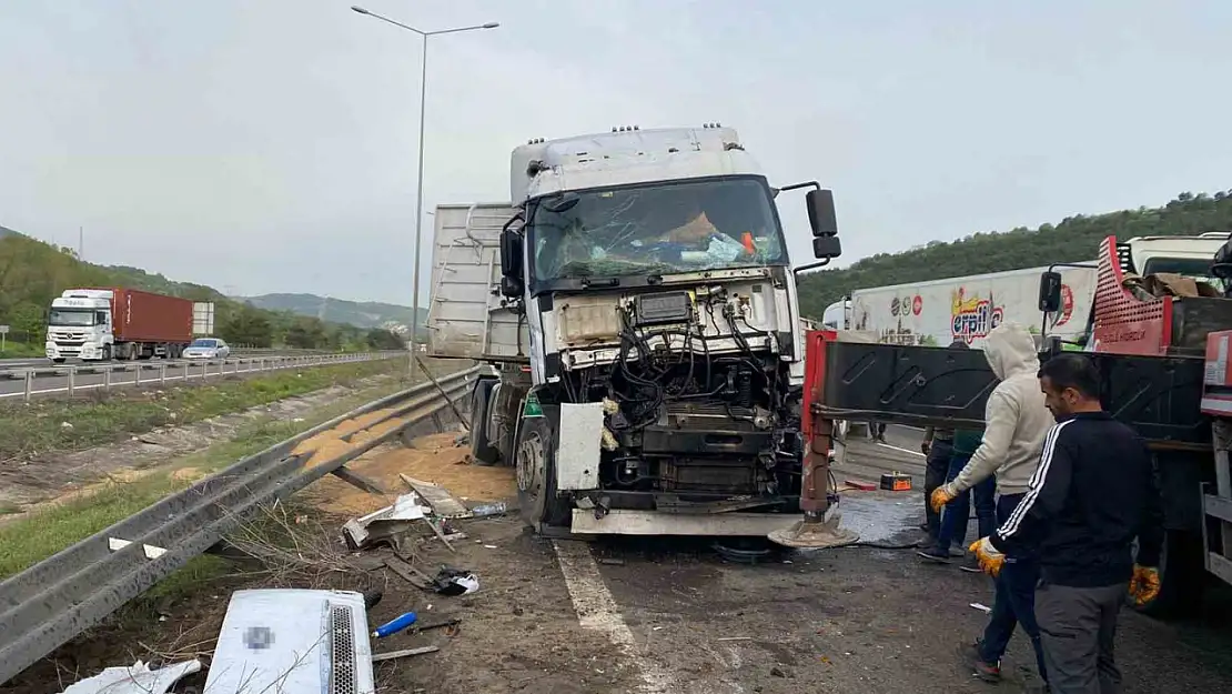 TEM'de sürücüsünün uyuduğu iddia edilen buğday yüklü tır devrildi
