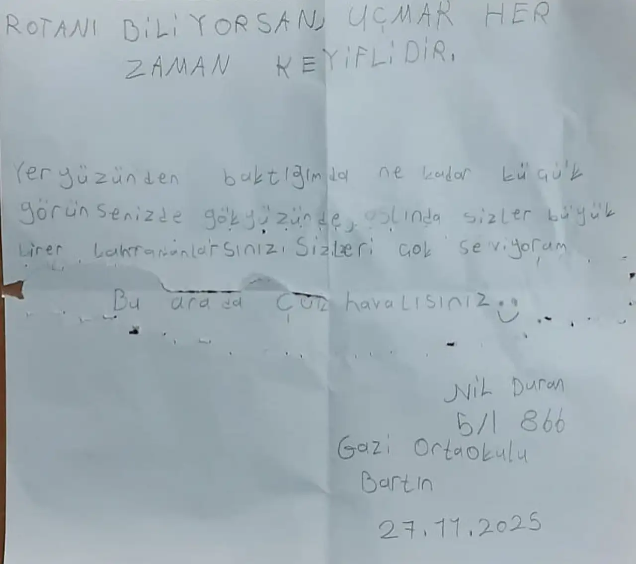 Bartınlı öğrenci Nil Duran'dan duygulandıran mektup