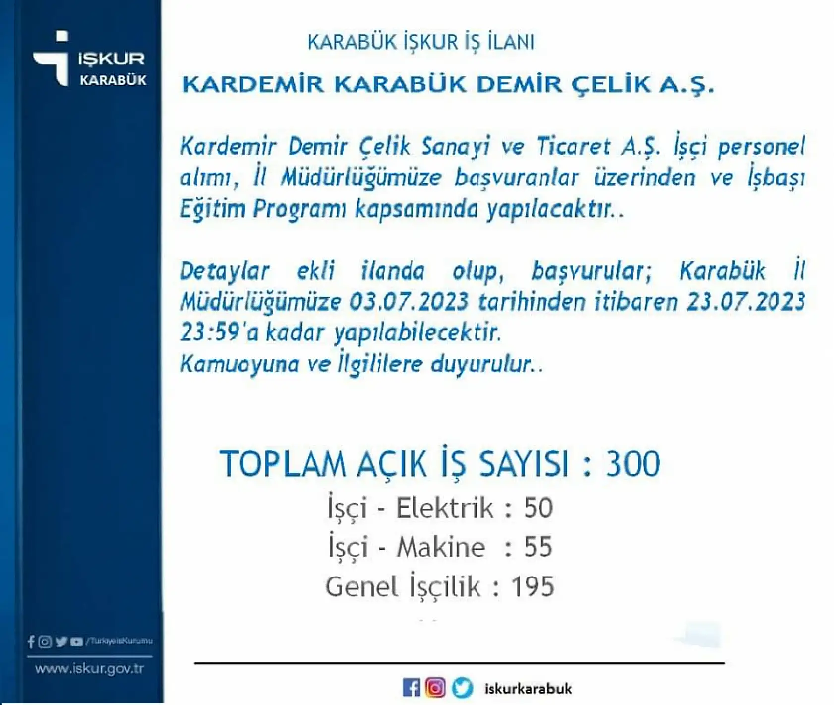 300 daimi işçi alınacak