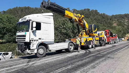 Bolu'da kontrolden çıkan tır fındık bahçesine devrildi
