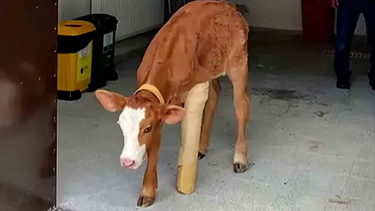 Doğum sırasında bacağı kırılan buzağı, başarılı ameliyatla hayata tutundu