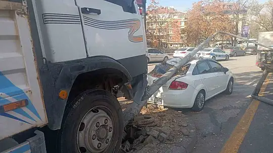 Freni patlayan kamyonet direğe çarparak durabildi