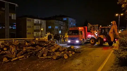 Kamyondan kara yoluna dökülen odunlar kaldırıldı