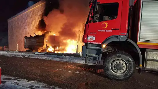 Kereste yüklü kamyon alev alev yandı