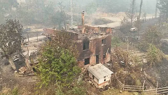Orman yangınında zarar gören köydeki evler dron ile görüntülendi