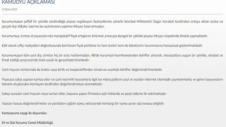 Et ve Süt Kurumu'ndan, CHP Milletvekili Karabat'a cevap