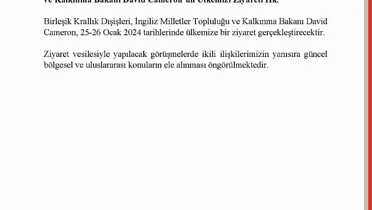İngiltere Dışişleri Bakanı Cameron Türkiye'ye geliyor