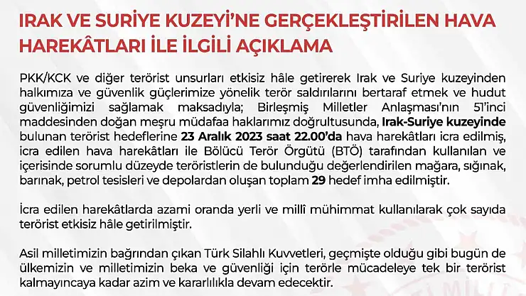 TSK bölücü terör örgütünün 29 hedefini imha etti
