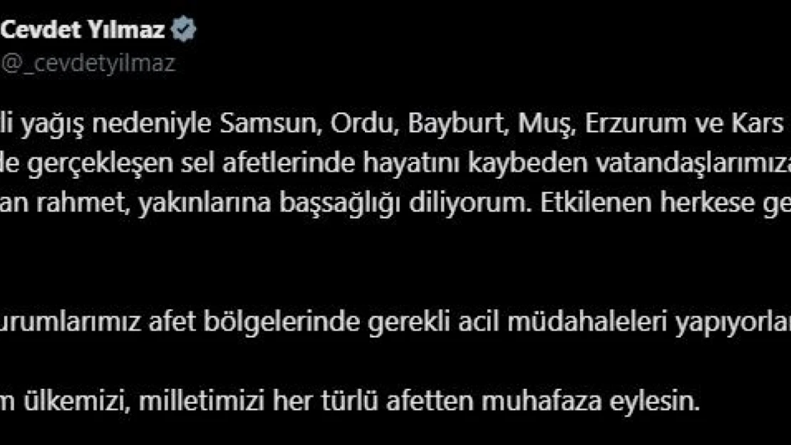 'Sel afetlerinde hayatını kaybeden vatandaşlara Allah'tan rahmet, yakınlarına başsağlığı diliyorum'