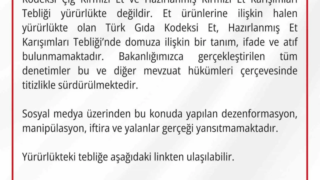 Gıda ve Kontrol Genel Müdürlüğü domuz etinin kasaplık etler sınıfına alındığı yönündeki iddiaları yalanladı