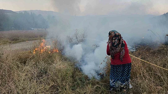Rüzgarla yayılan yangına hortumla müdahele